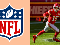 A collage with the NFL logo next to Kansas City Chiefs quarterback Patrick Mahomes.