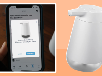 On left, person holding up smart phone to control the Amazon Smart Soap Dispenser. On right, product shot of the white Amazon Smart Soap Dispenser.