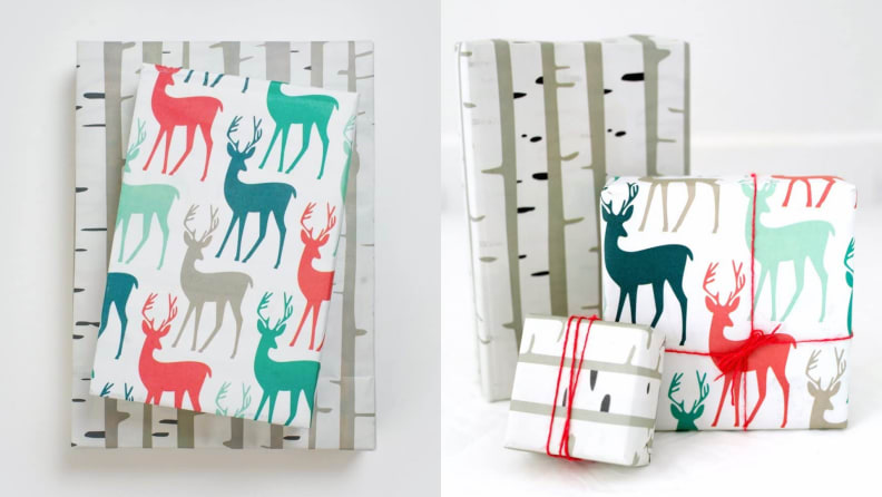 Two images of colorful deer wrapping paper
