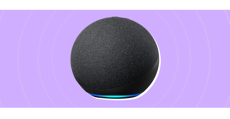 The Amazon Echo (4th Gen) on a purple background.