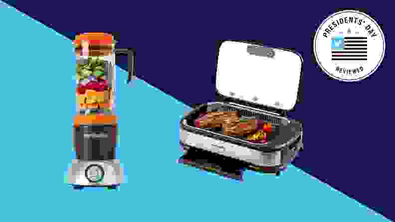 Nutribullet blender with fruits and vegetables inside next to grill with steaks.