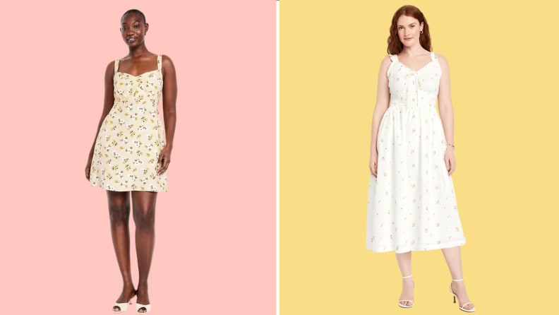 Two women wearing floral summer dresses—one in a short yellow dress on a pink background, the other in a white midi dress on a yellow background.
