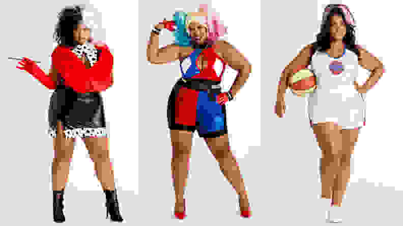 Three women standing next to each other wearing different costumes: cruella de vil, harley quinn, and lola bunny