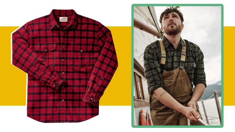 Collage of the Alaskan Guide Shirt in red and black check, and an image of a man wearing the shirt with overalls on a boat.