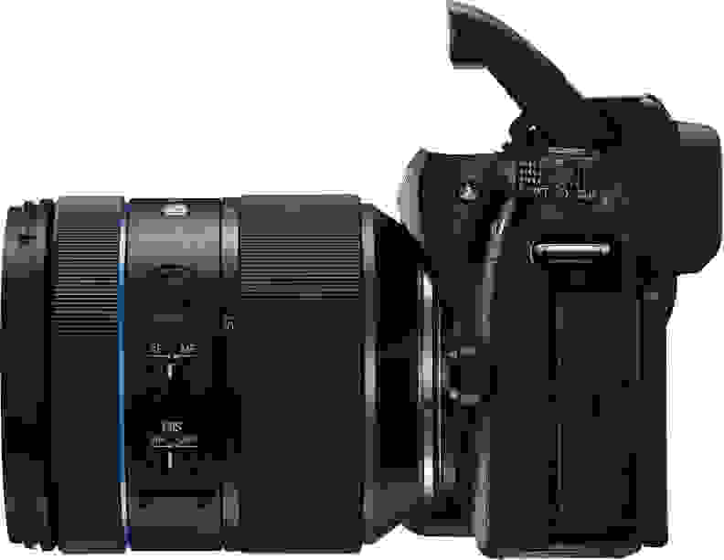 Samsung has included a pop-up flash with the NX1, as well as a hot shoe for adding other strobes.