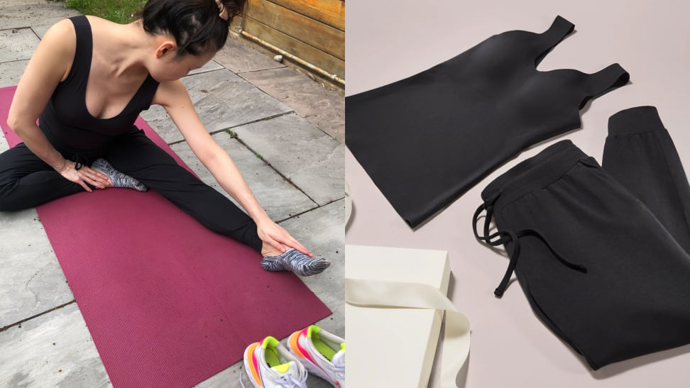 left: woman stretching on yoga mat right: knix luxelift tank and modal lounge pant