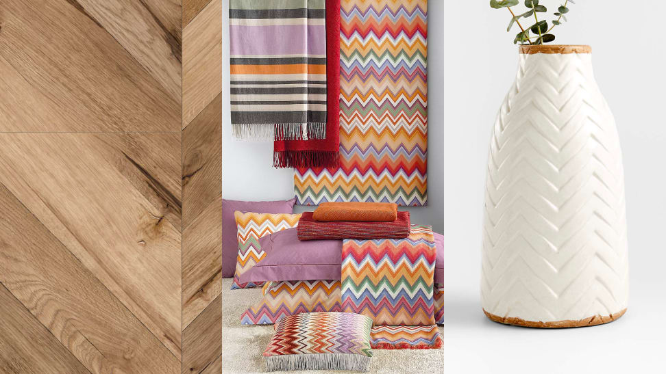 1) Close up of a wood floor in a chevron pattern. 2) Colorful throw rugs in design display. 3) Close up of a chevron-carved vase.