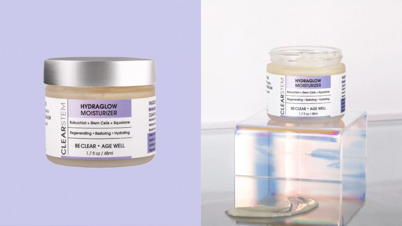 On the left: A jar of moisturizer on the purple background. On the right: A jar of moisturizer on an iridescent platform.
