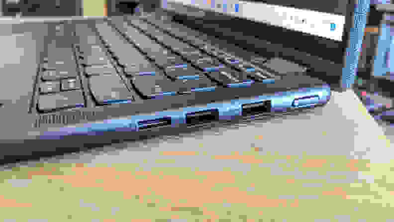 A close up of a laptop's side connectivity ports