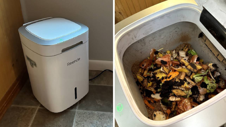 Left: Reencle Home Composter in room corner. Right: Interior filled with food scraps