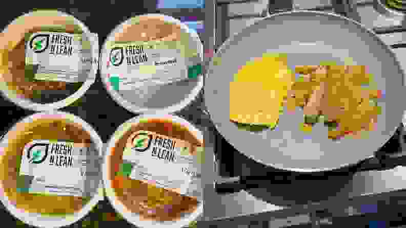 Four meal packagings out of their box next to a prepared meal in a plate.