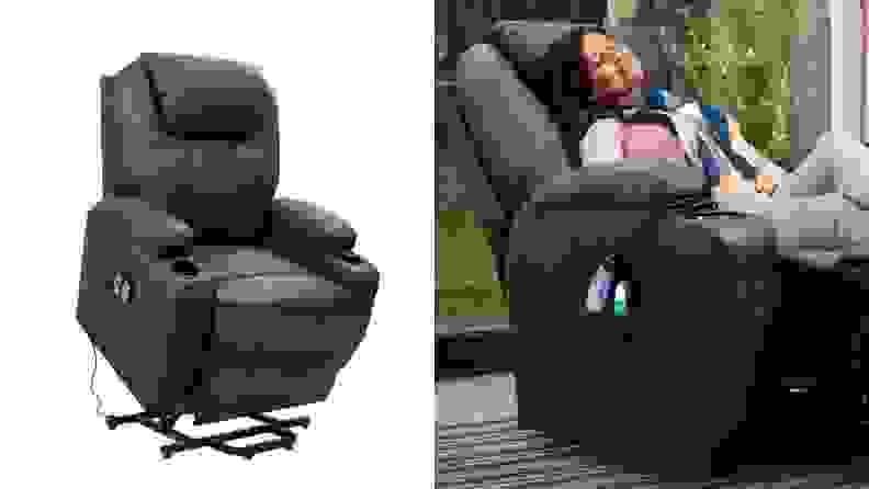 A side-by-side image of the Latitude Run recliner. One image shows the chair on a white background, the other shows a woman sleeping in the chair with the footrest extended