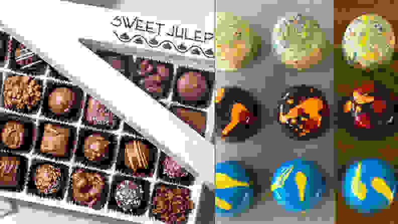 Left: box of Sweet Julep chocolates. Right: nine colorful confections in a row