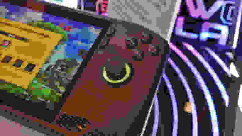 Close up of a black game handheld
