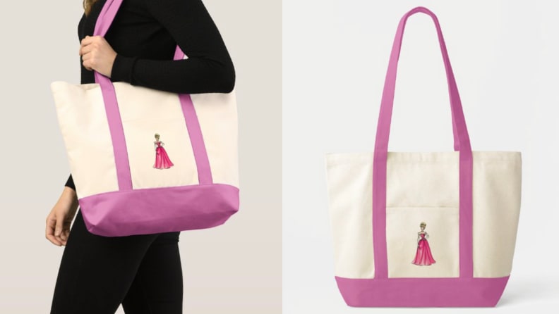 Pink canvas tote bag with and image of Sleeping Beauty.