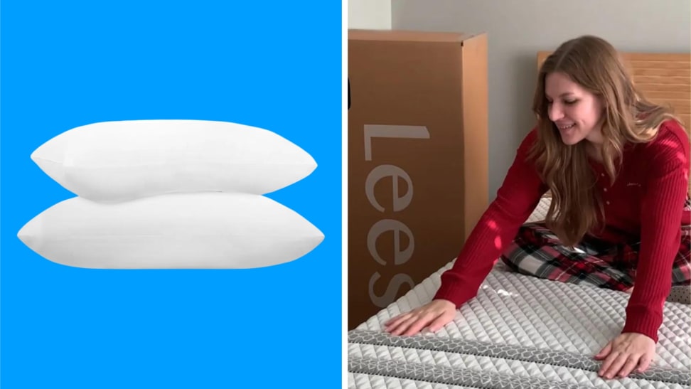A pair of Leesa down alternative pillows next to someone sitting on a Leesa mattress.