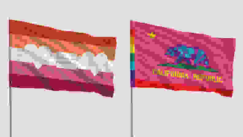 Lesbian flag with two white hearts and an equals sign on it, next to the California flag that's rainbow colored