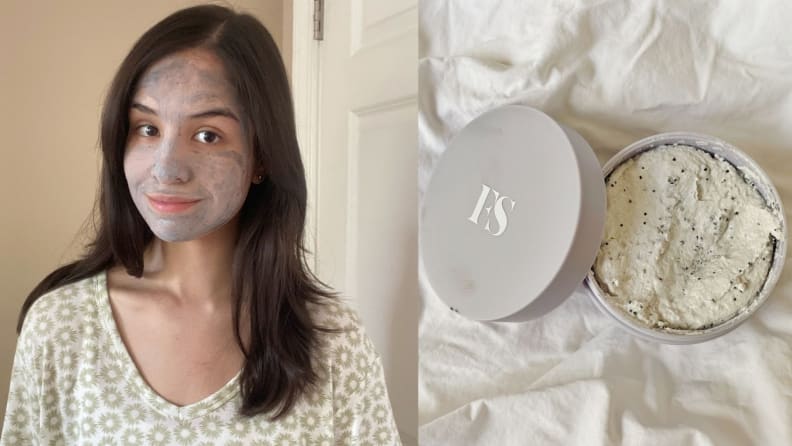 On left, a woman with face mask on skin. On right, a jar of Fenty Skin Cookies N Clean atop a white sheet..