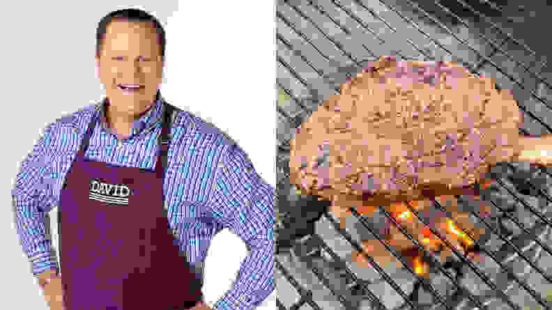 David Venable, host of the QVC show, "In the Kitchen with David," and a bone-in ribeye over a charcoal grill, prepared by Venable.