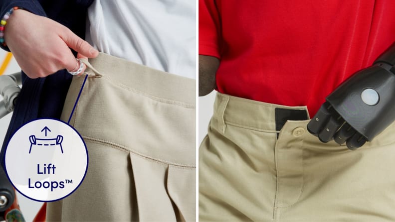 On left, finger hooked into loop on waistband of skirt. On right, prosthetic hand holding top of hook and loop closure where a zipper would be on khaki pants.