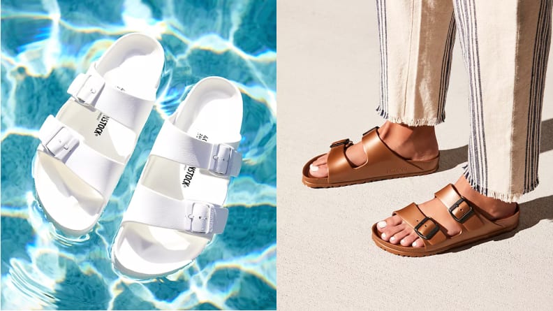 Left: white rubber Birkenstocks floating on water. Right: person wearing brown rubber sandals on sand.