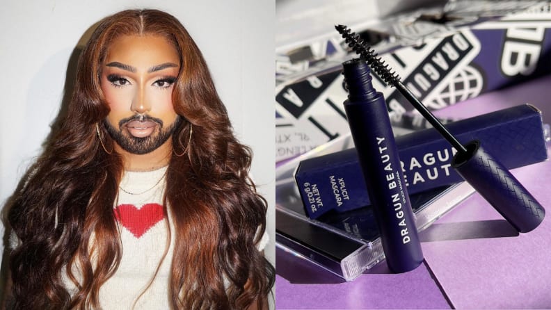 a trans woman with long brown hair and a beard wearing gorgeous makeup on the left, with a mascara tube and mascara wand on a purple platform on the right