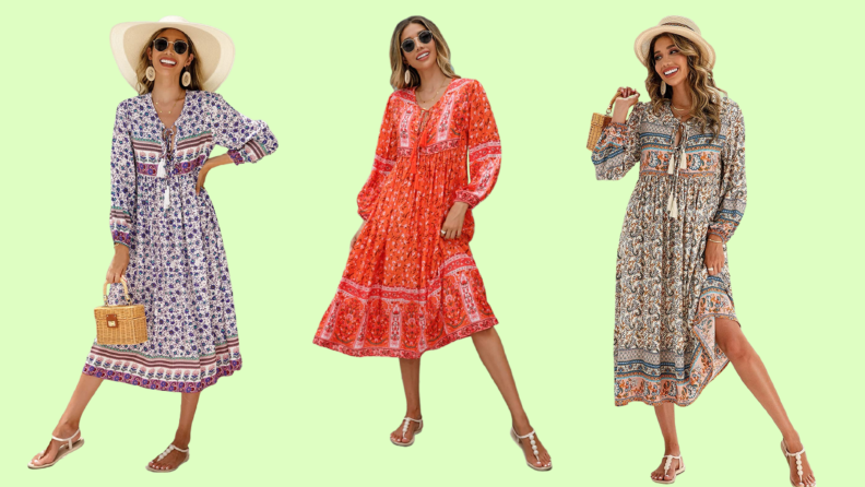 A printed midi-dress seen in three vibrant printed options.