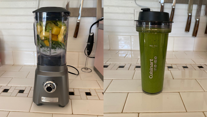 On left, fruits and vegetables inside of the Cuisinart Hurricane Compact Juicing Blender. On right, green blended smoothie inside of travel cup.