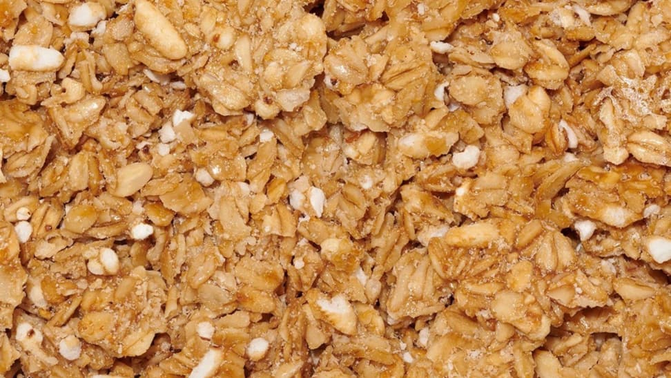 A closeup photo of Safe and Fair Full Stack granola, which is pancake and syrup flavored.