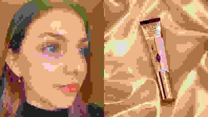 On the left: A closeup on the author wearing a full face of makeup. On the right: A squeeze tube bottle of foundation in a light shade.