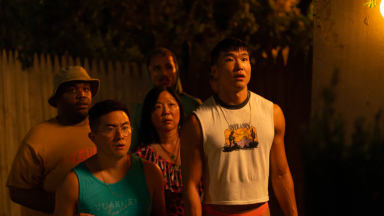 A still from 'Fire Island' featuring Joel Kim Booster, Bowen Yang, Margaret Cho, Matt Rogers, and Torian Miller staring into the middle distance.
