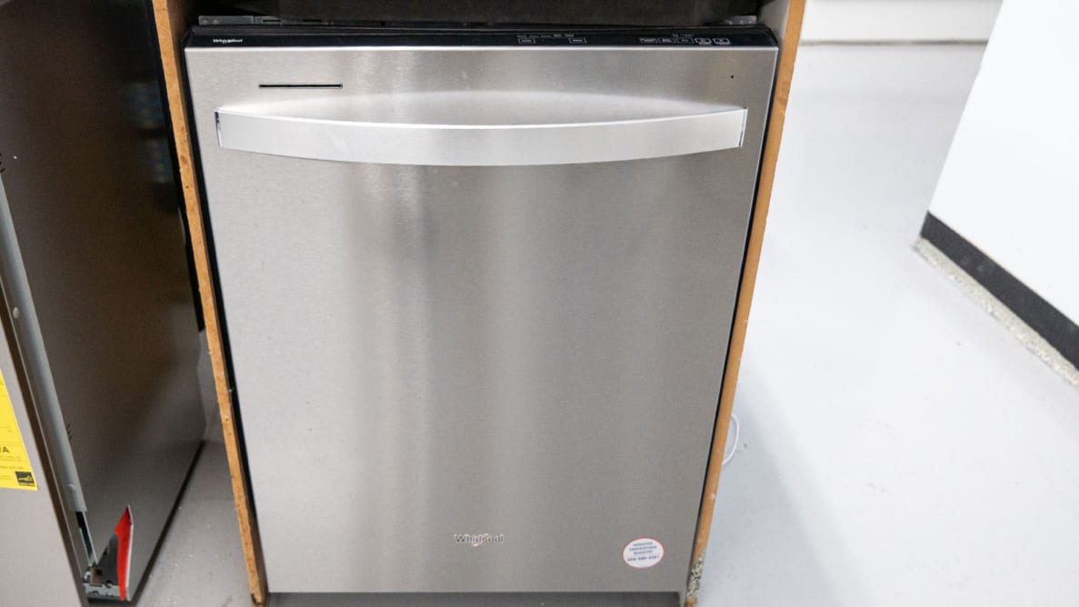 The Whirlpool WDT750SAKZ stainless steel dishwasher, installed in our dishwasher testing lab.