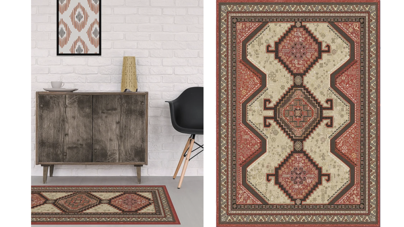 Two images of a traditional red rug