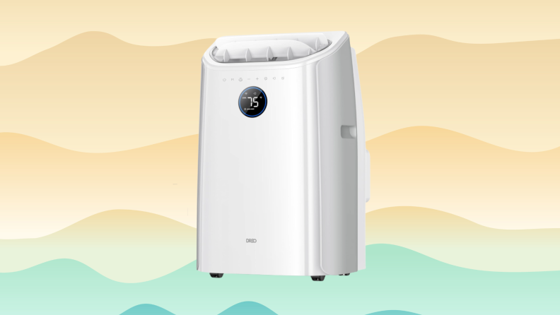 A portable air condition on an orange and blue background
