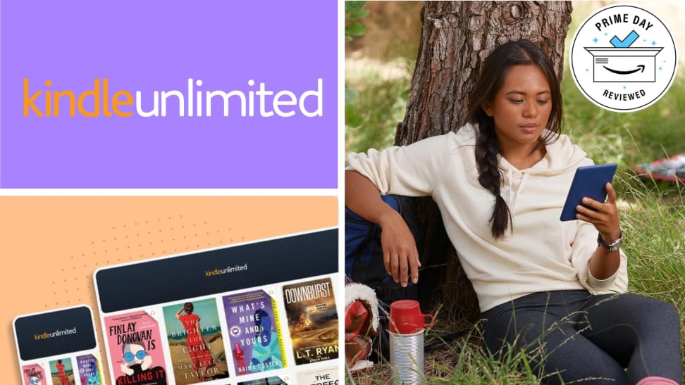 The Kindle Unlimited logo above a Kindle Unlimited graphic next to someone holding a Kindle with the Prime Day Reviewed badge.