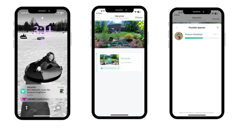 Three screenshots of the AI app for the Harymor smart bird feeder on a white background.