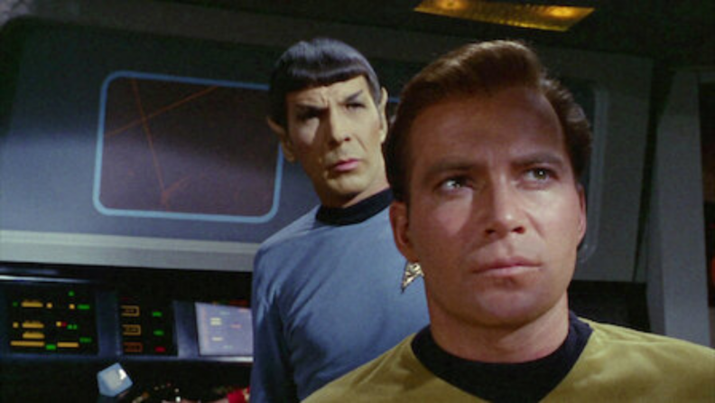 A still from the series "Star Trek: The Original Series" featuring Leonard Nimoy as a Starfleet member.