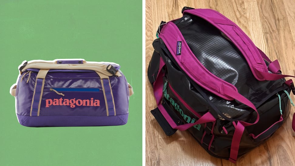 A purple Patagonia bag against a green background, and also a photograph of a black version of the bag with pink details on a wooden floor.
