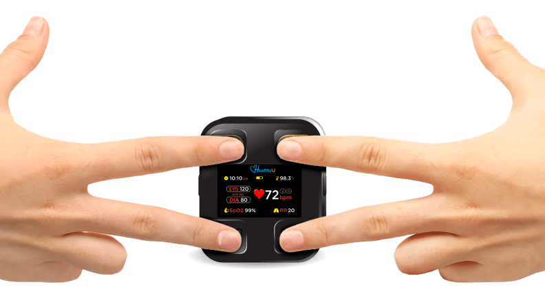 Two pairs of fingers touch the Healthy U at-home cardiac device.