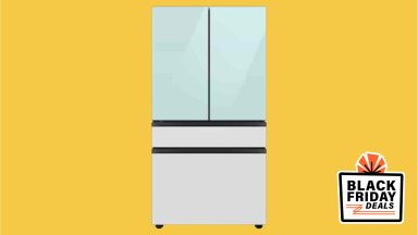 A white and aqua french door refrigerator on a yellow background