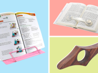 a three-panel image showing the Camelmother, Superior Essentials, and Talisma book holders on different colored backgrounds