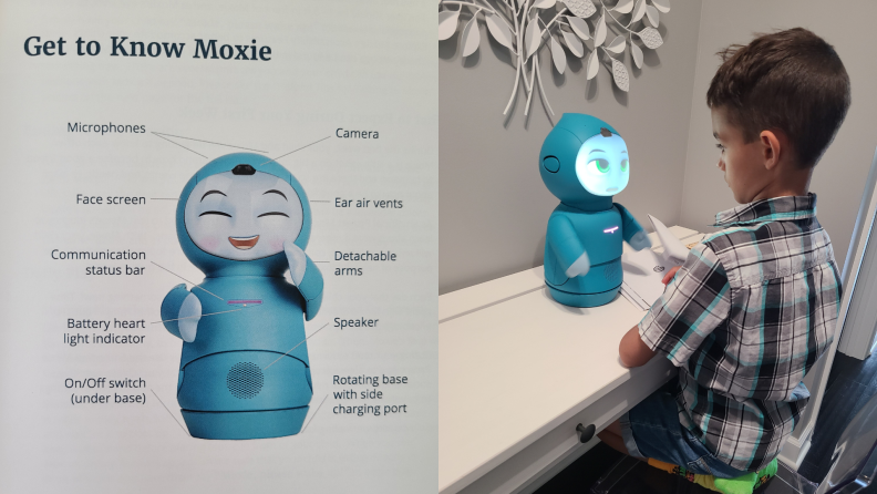 On left, function guide to Moxie robot. On right, child sitting at table in front of Moxie robot.