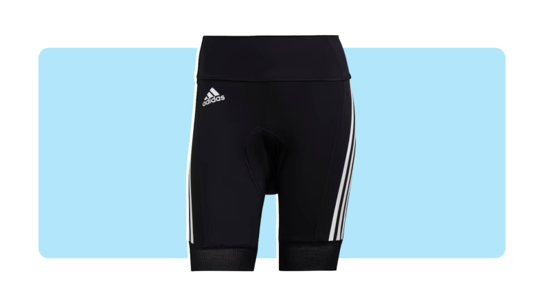 Product shot of the black Adidas Cycling short with three white stripes along both of the legs.