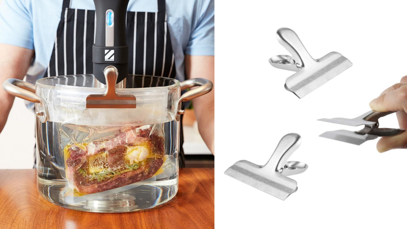 Sous vide meat with metal chip clips
