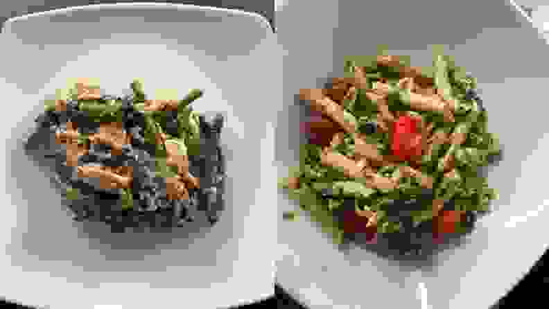 Left: plate of bland chicken and rice. Right: plate of crumbly pesto pasta