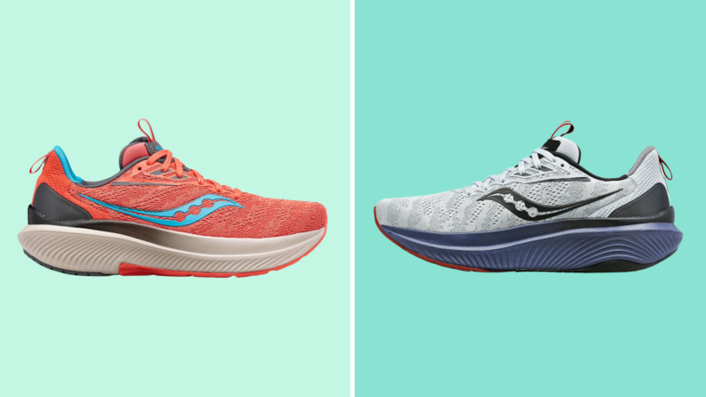 Two pairs of sneakers: On the left is an orange pair with blue details, and on the right is a pair with a white upper and blue soles.