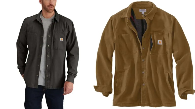 Man wearing chore jacket from Carhartt, brown chore jacket from Carhartt.