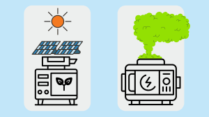 A solar powered generator next to a gas-powered generator on a blue background.