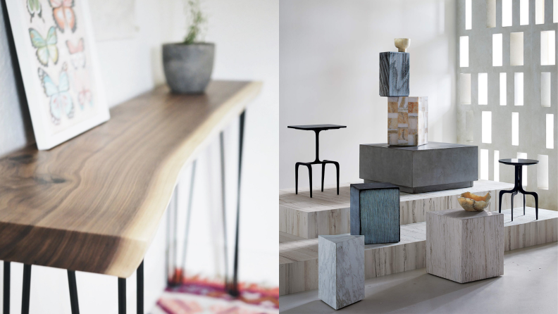 On left, walnut console table under portrait and plant on top. On right, product shot of multiple tri-textured gray marble side tables.