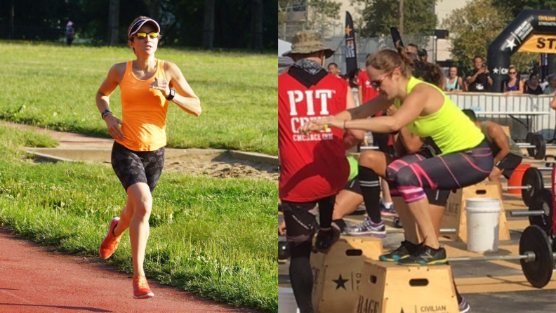 A woman running on a track and a woman landing a box jump
